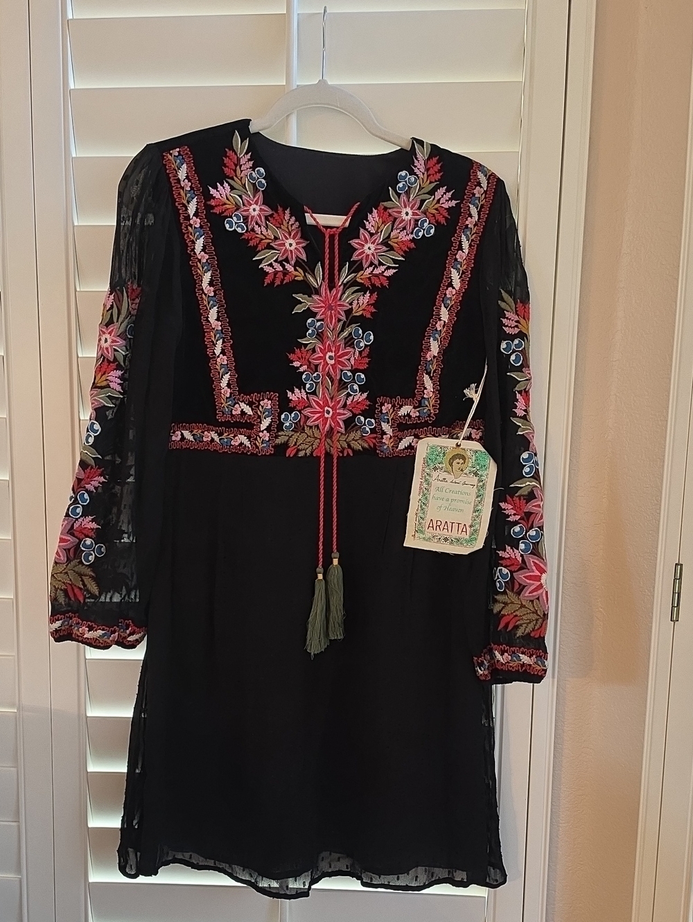 NWT Aratta Black Embroidered Boho Velvet Dress Small